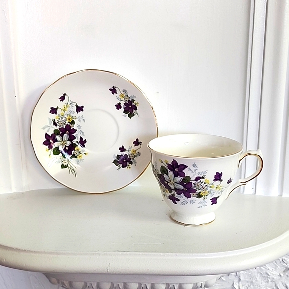 Royal Vale Bone China Tea Cup and Saucer England Purple Flowers